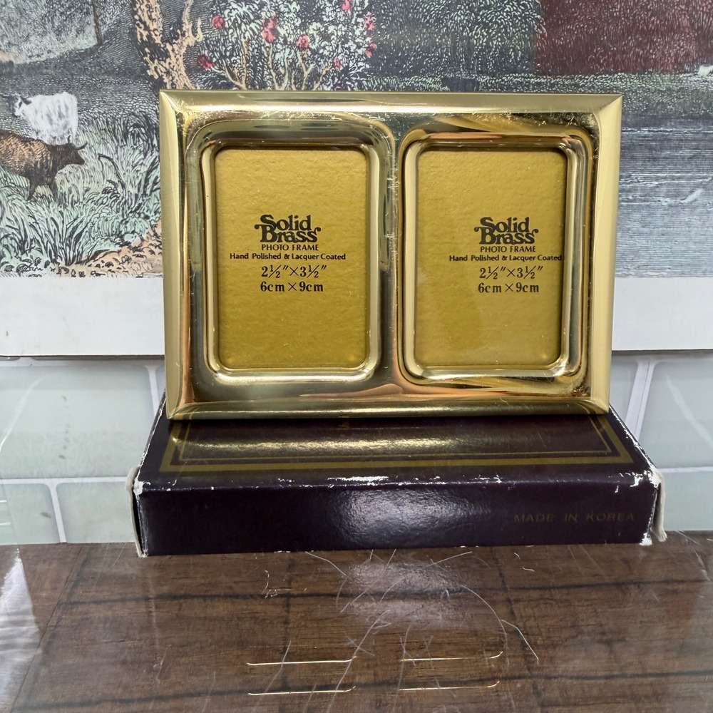 Vintage Solid Brass Mini Double Photo Frame 2.5 x 3.5 Tabletop Gold Accent Decor
